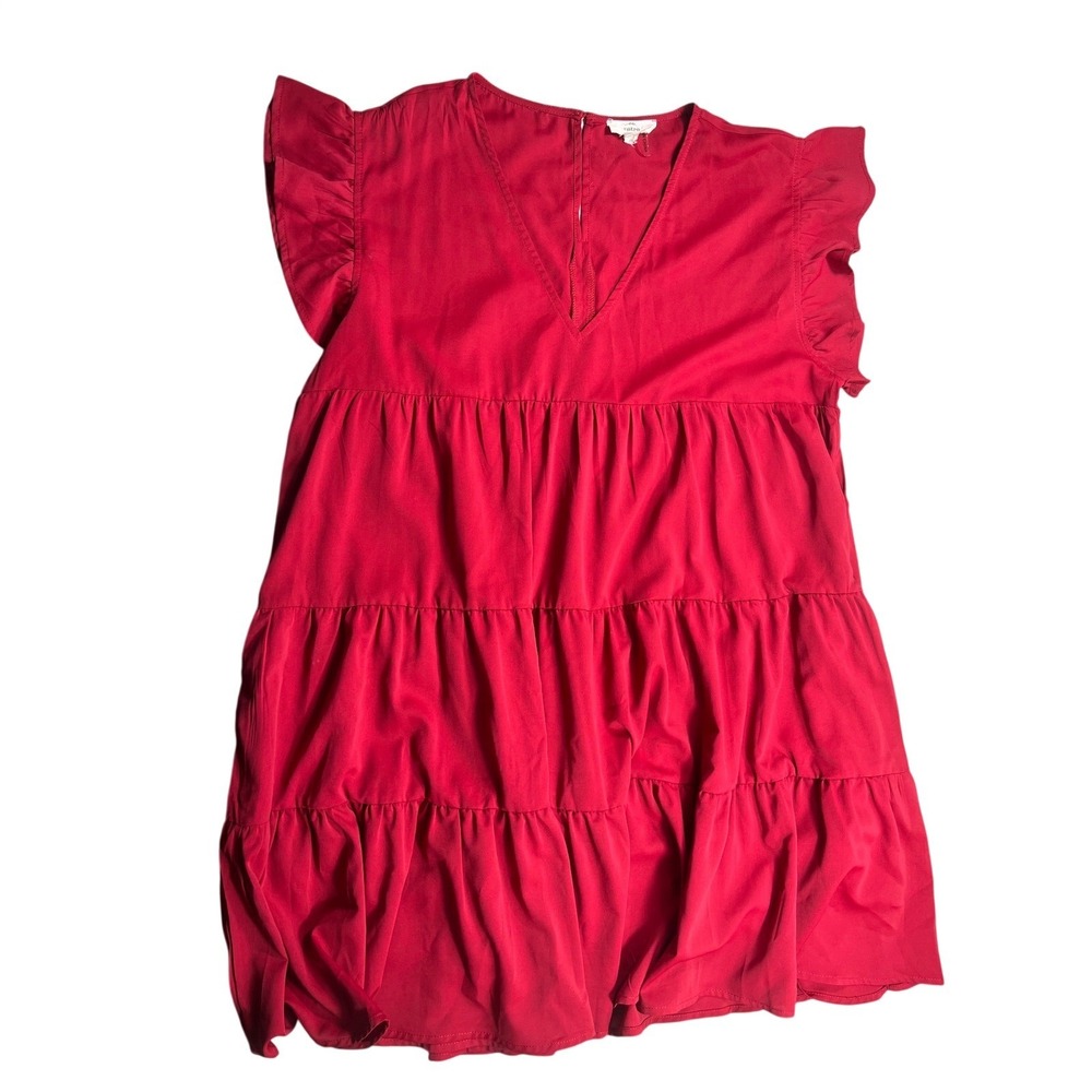 Entro Womens Large Red Tiered Midi Dress Ruffle Sleeve V Neck Boho Game Day
